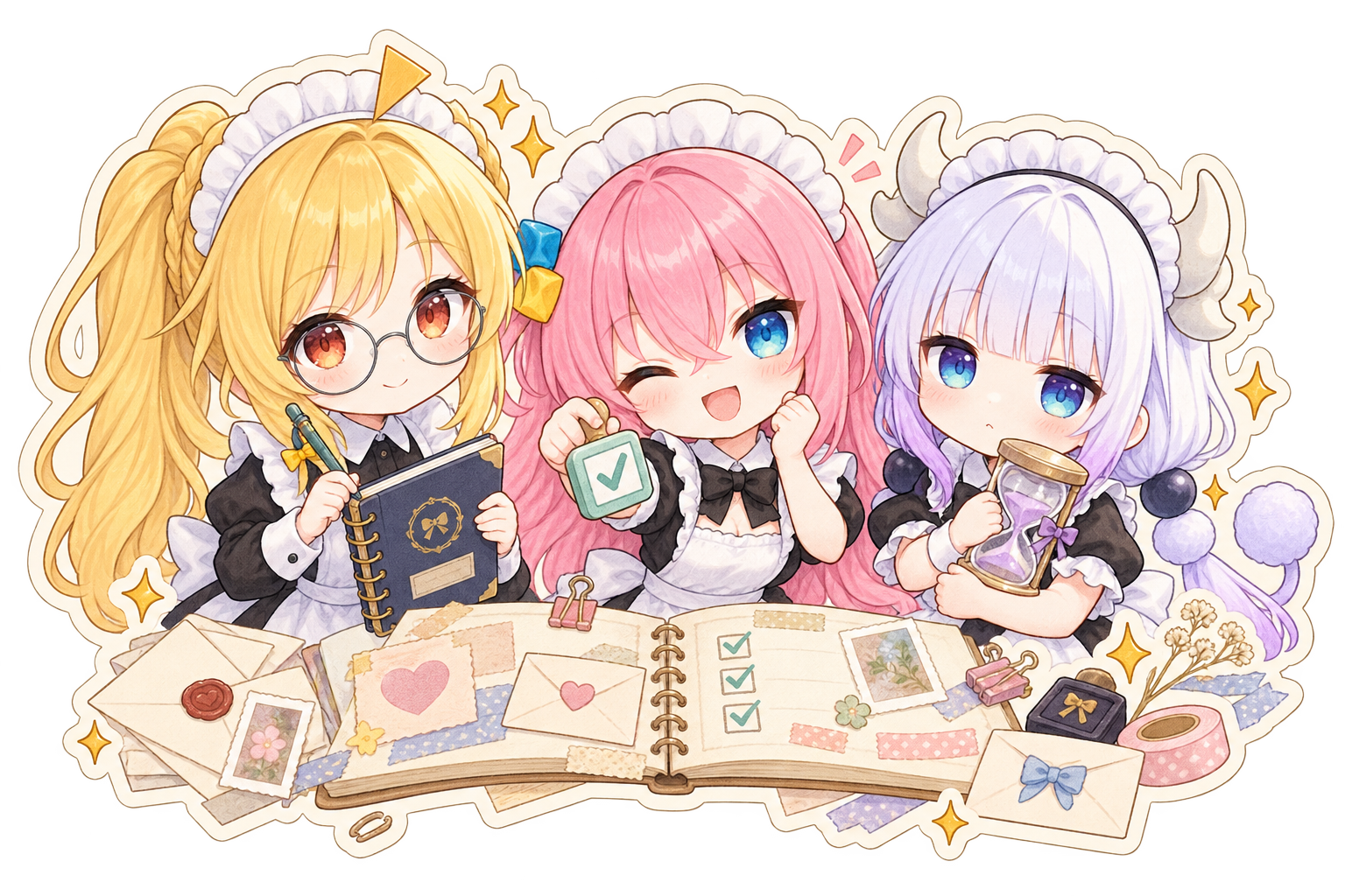 Alan、Bocchi 和 Kanna 一起记录灵感的 Q 版插画